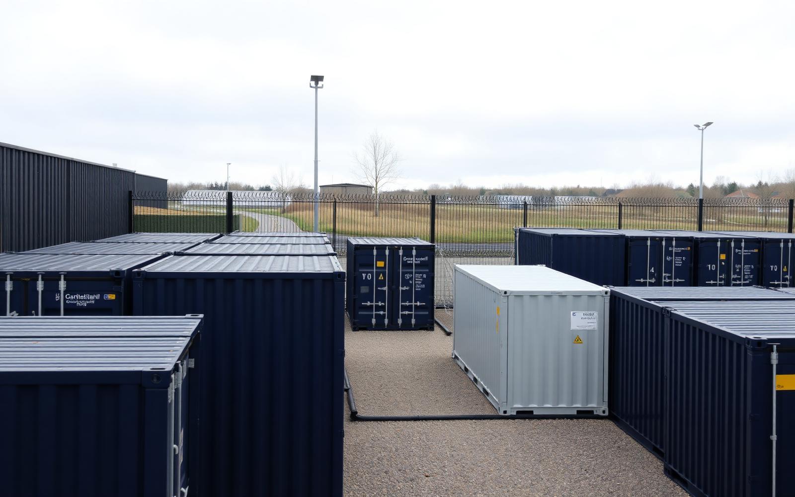 Rows of navy storage containers behind security fencing in a gravel yard